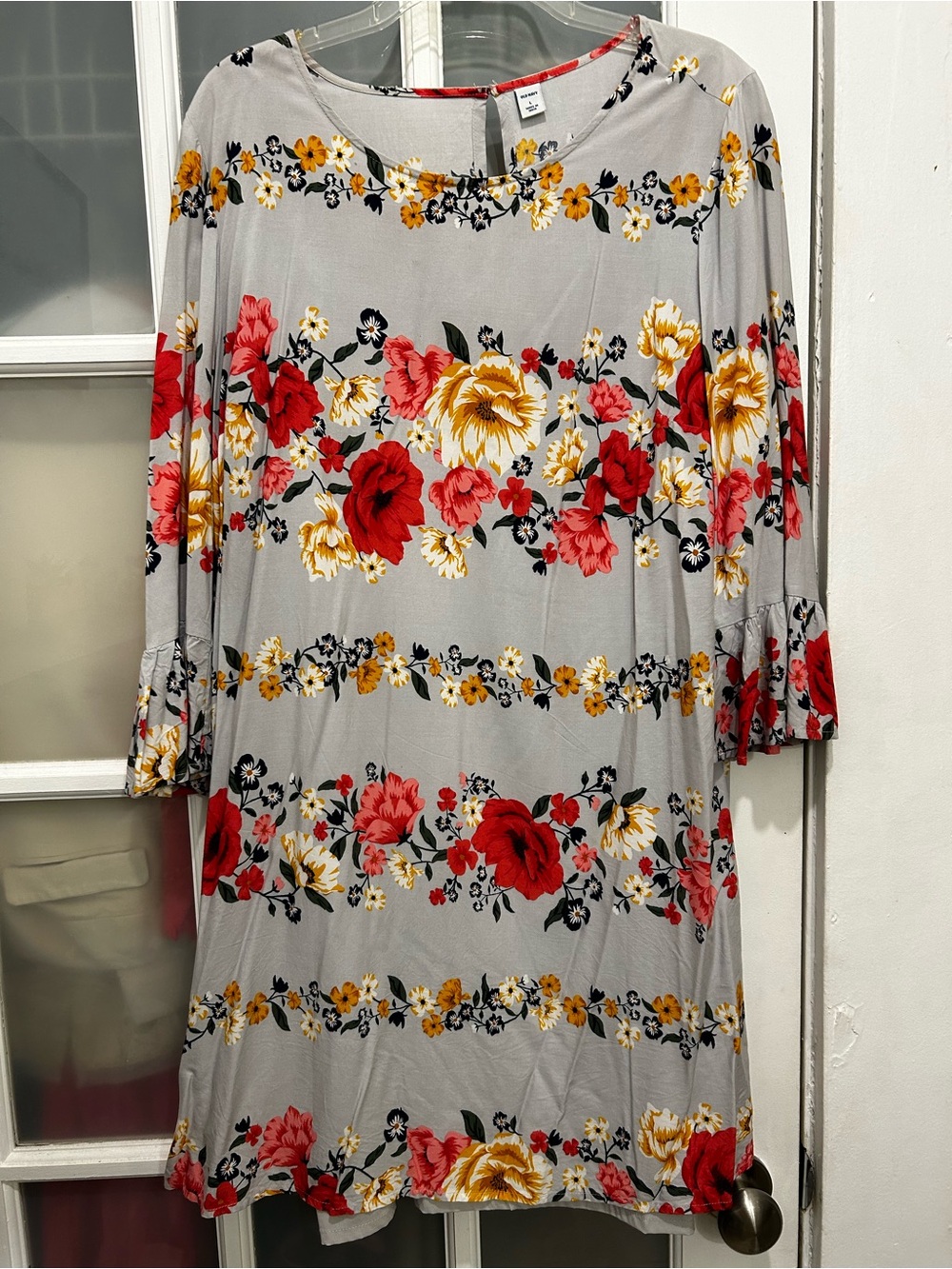 Old Navy Gray Red Yellow Floral 3/4 Sleeve Shift Dress Size Large